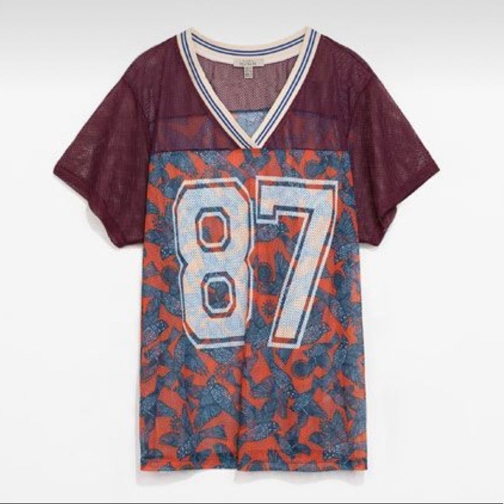 Zara Trafaluc Sheer Jersey Birds Graphics Football Style Tee Women's Size Small